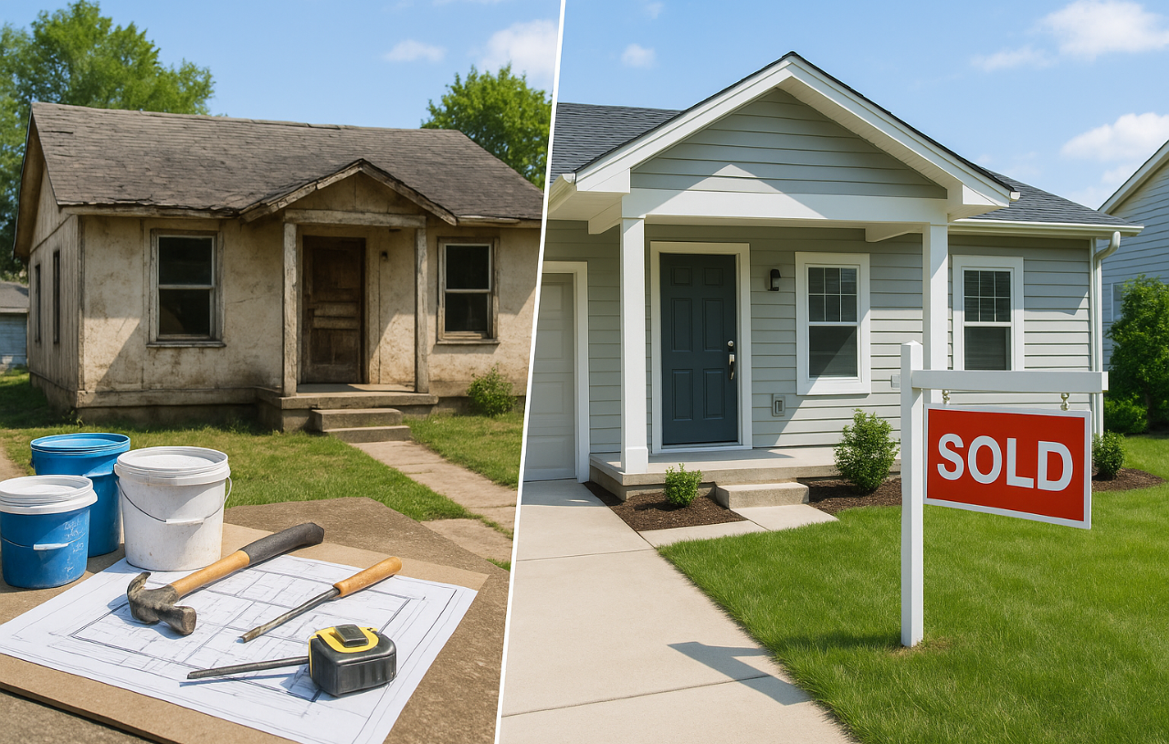 Before and after photos of a renovated house illustrating fix and flip loans for beginners.
