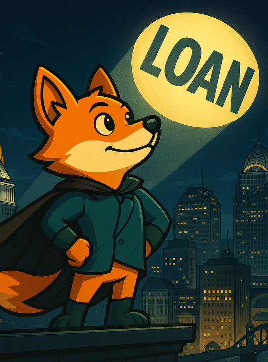 Cartoon fox mascot standing heroically under the night sky, gazing at a 'Loan' signal, representing house flipping loans in Cincinnati, OH.